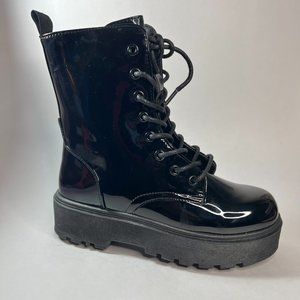 Yoki Kenzo 28 Women's Lace-Up Glossy Black Combat Boots